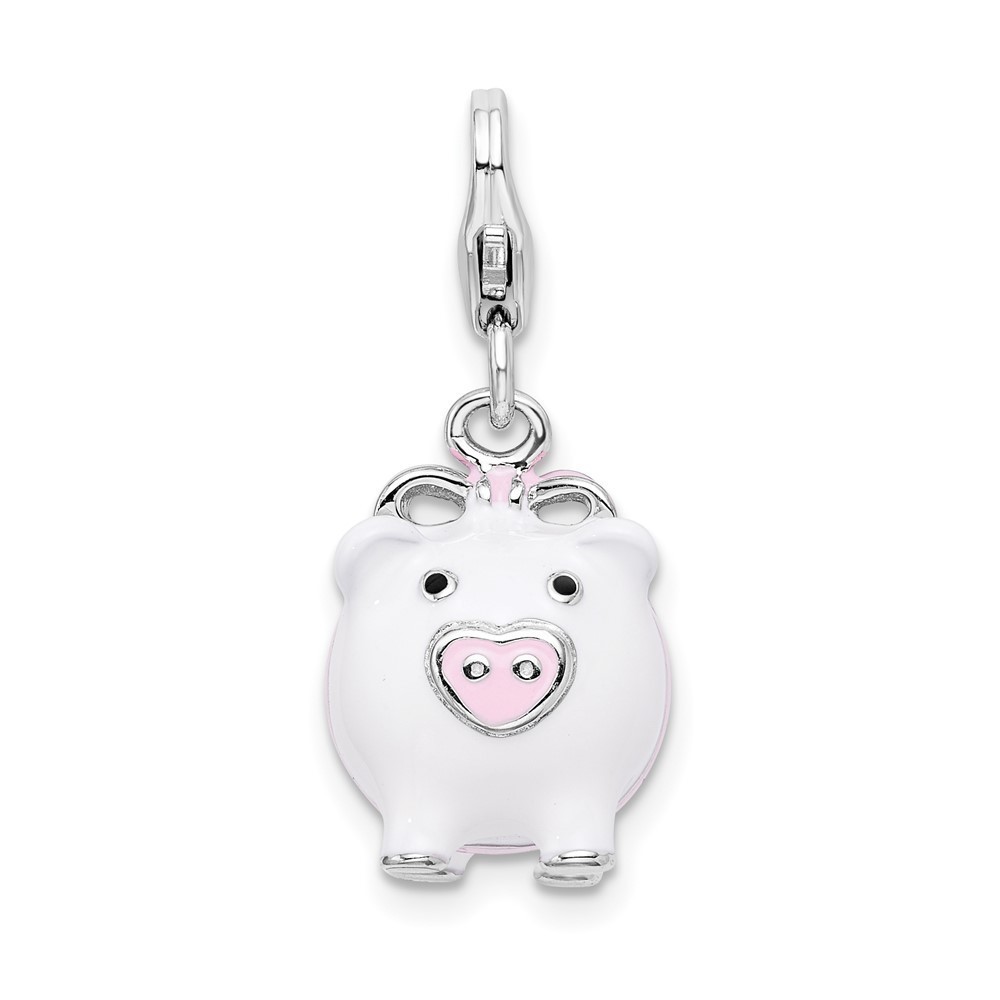 925 Sterling Silver Polished 3-D Enameled Pig Bracelet Charm Lobster Clasp